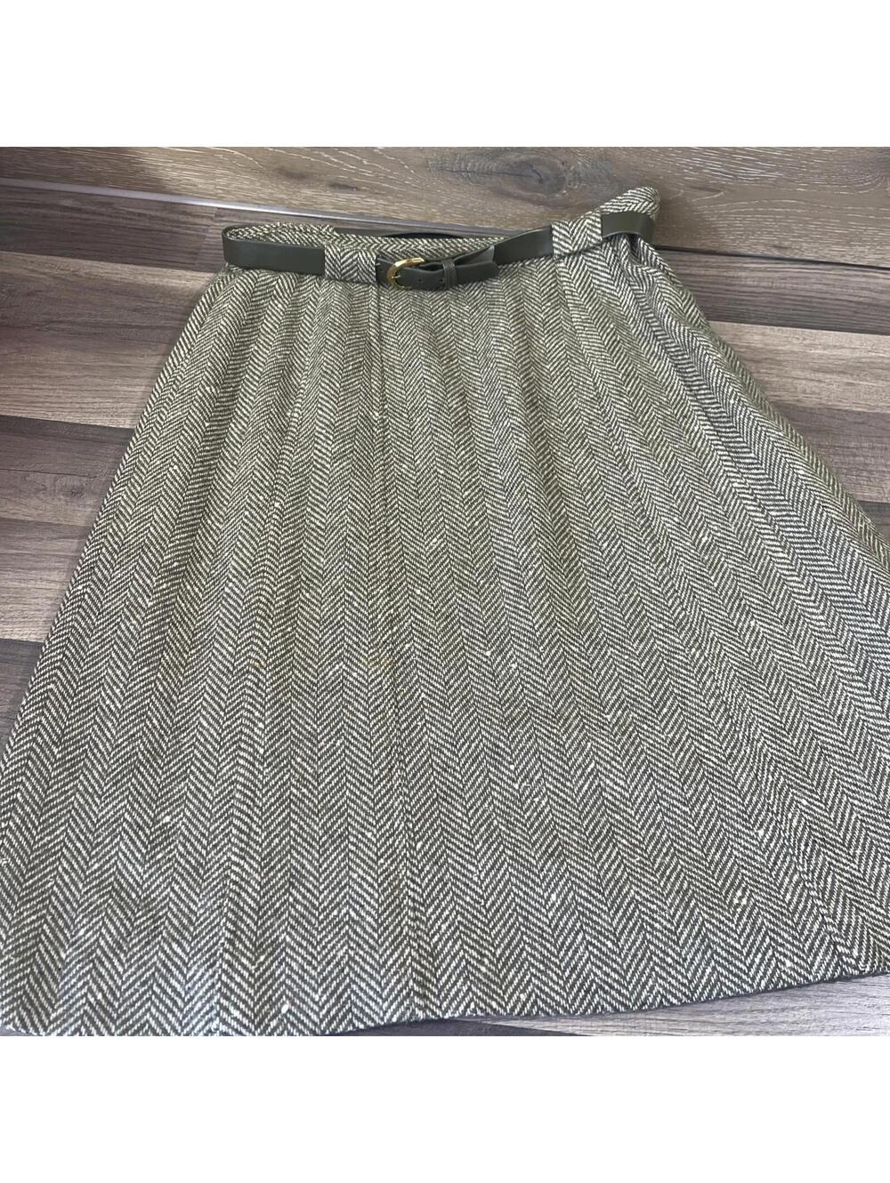 CENTURY Vintage 60/ 70s Herringbone Green White Wool Skirt 30” Waist
